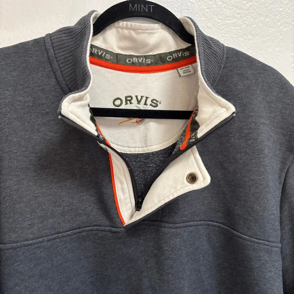 Orvis Mens XXL Charcoal Gray Quarter Zip Pullover Fly Fishing Logo Sweatshirt